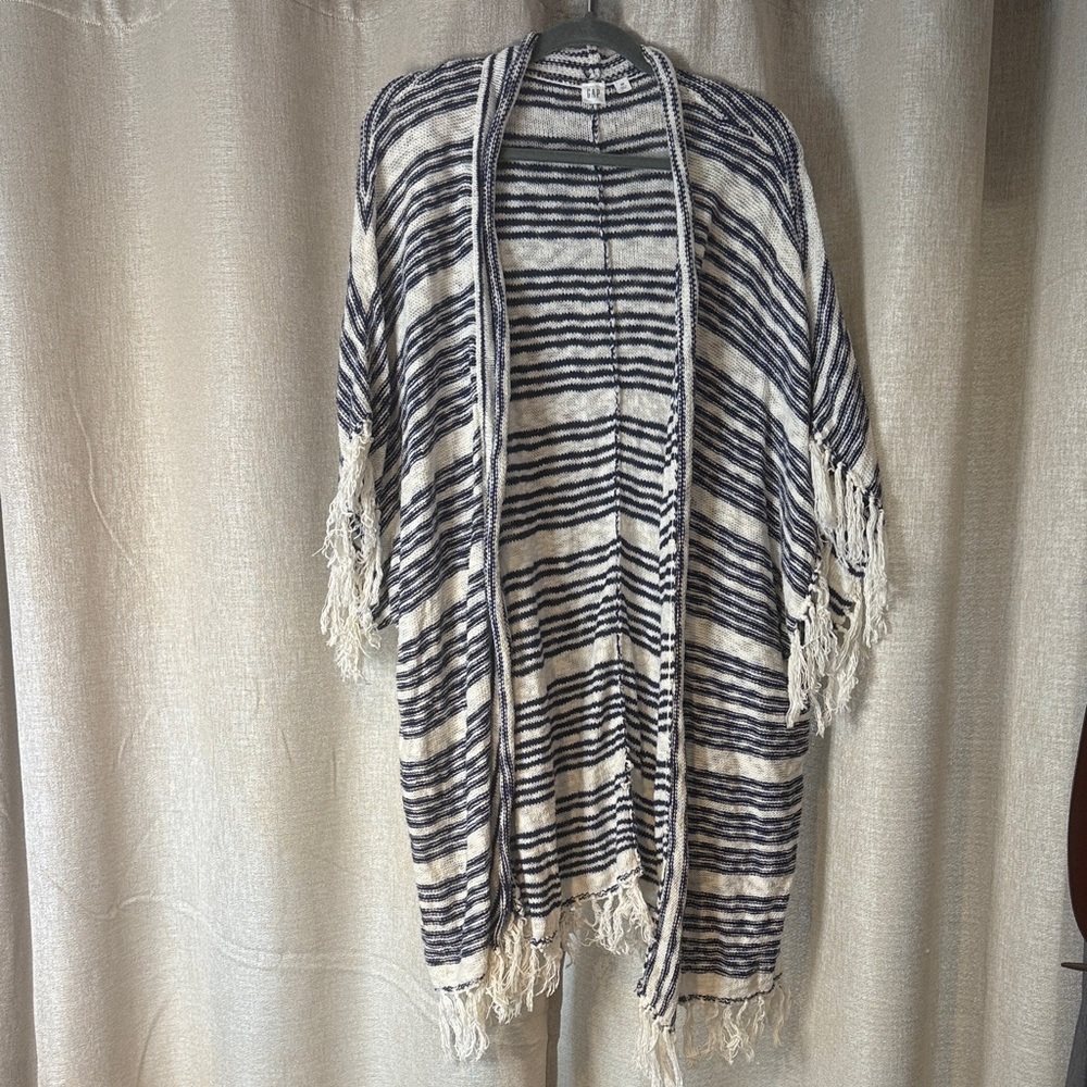 GAP Navy and Cream Striped Fringe Cardigan
